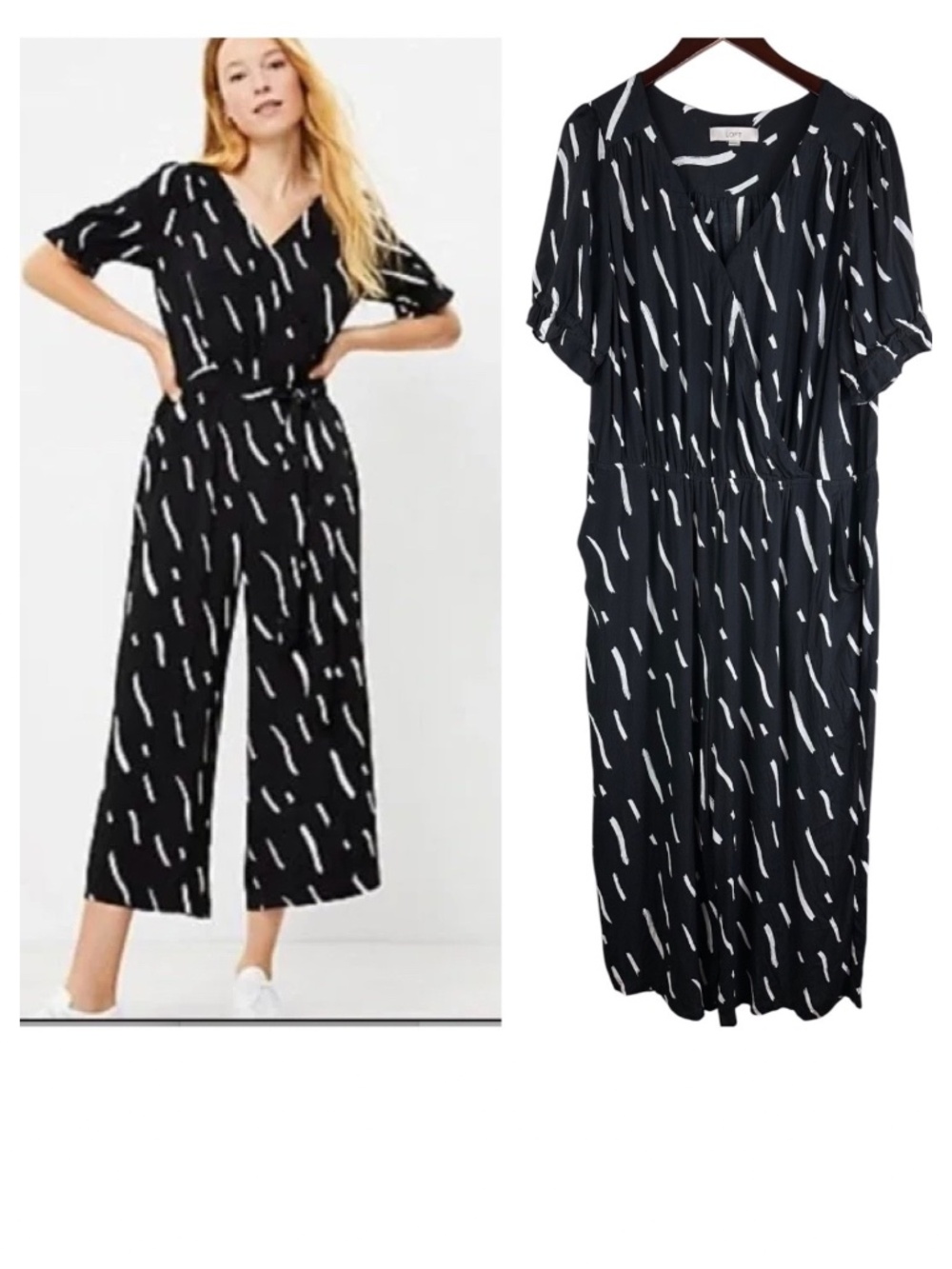 LOFT Ann Taylor Jumpsuit Romper Sz XXL 2X 18 20 Black Brushstroke Crop